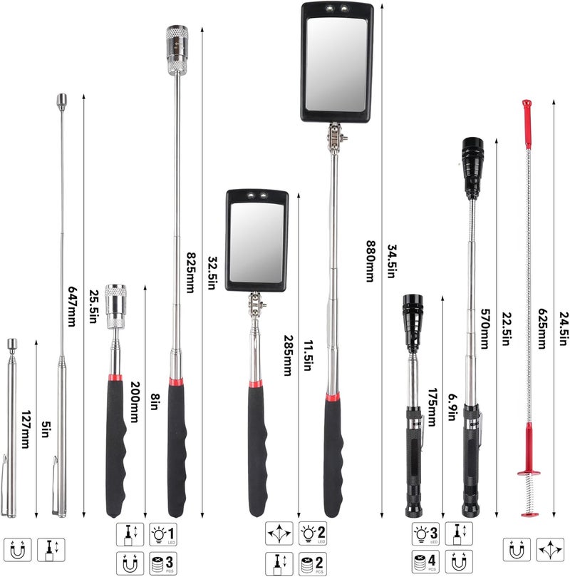 CRAFTZONE Telescoping Magnetic Pickup Tool Set, Inspection Mirrors and Four Claw Grabber Tool, Flexible LED Flashlight, Magnet Stick, Cool Gadgets for Men, Gifts for Dad, Husband - Image 2